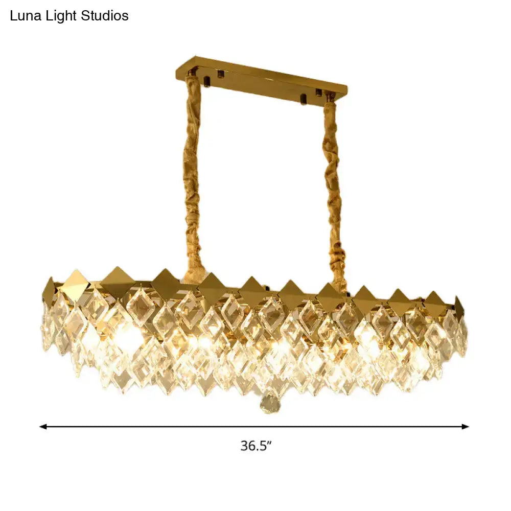 Contemporary gold crystal rhombus chandelier with twisted rope-like chains and cascading clear crystal prisms for dining room