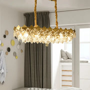 Contemporary gold crystal rhombus chandelier with geometric diamond crystals and twisted rope suspension chains for dining rooms