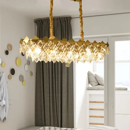 Contemporary gold crystal rhombus chandelier with geometric diamond crystals and twisted rope suspension chains for dining rooms