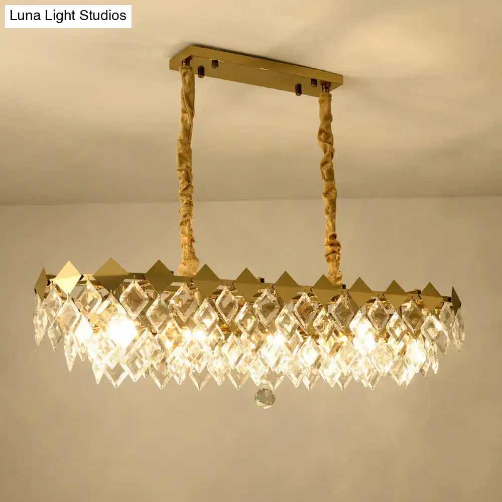 Contemporary gold crystal rhombus chandelier with twisted rope chains and cascading clear crystal prisms for dining room