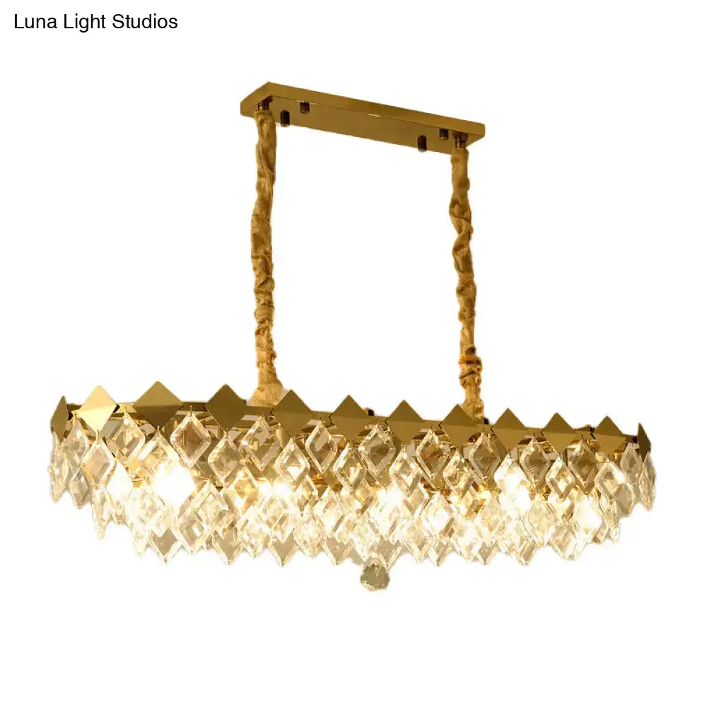 Contemporary gold crystal rhombus chandelier with twisted rope-like chains and cascading clear prisms for dining rooms