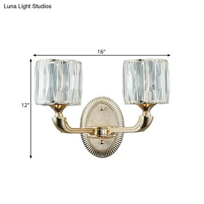 Contemporary gold wall lamp with two clear faceted crystal shades suitable for led incandescent fluorescent light type