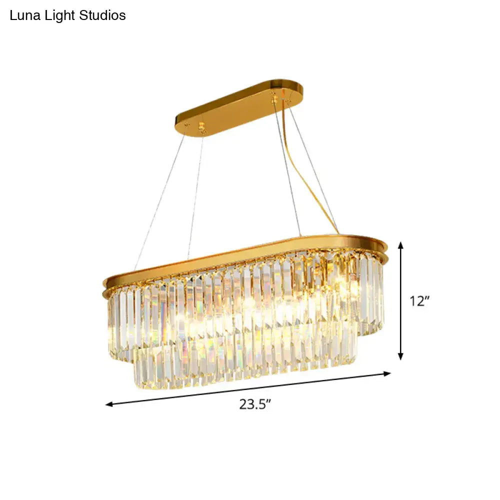 Contemporary gold finish ellipse island lighting dining room chandelier with two layers of clear crystal prisms on metal frame