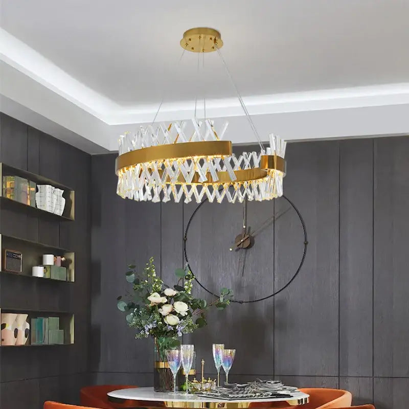 Contemporary gold led crystal chandelier featuring a circular geometric lattice and clear crystal accents for living room decorbites contemporary led design