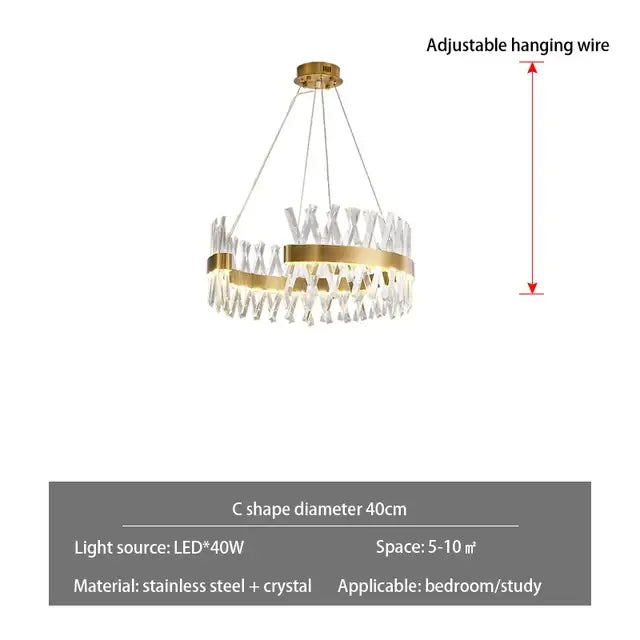 Contemporary gold led crystal chandelier with gold-toned circular frame clear crystal accents and stainless steel decorbites contemporary led