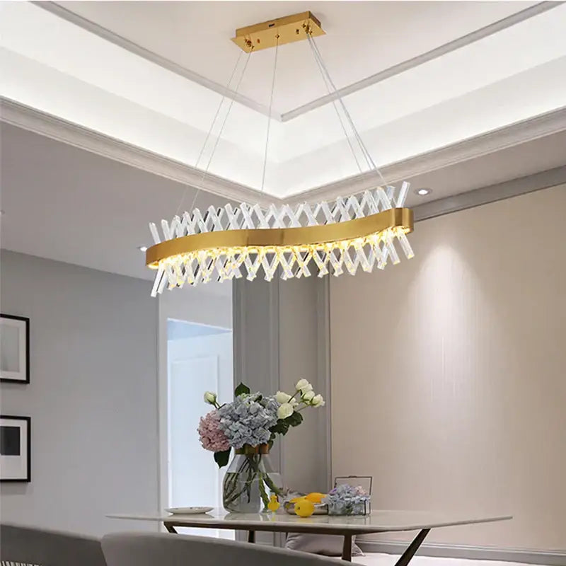 Contemporary gold led crystal chandelier with oval shape and clear crystal elements for modern living room decorbites contemporary led