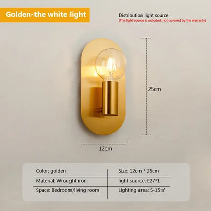 Contemporary gold led wall lamp with a sleek oval wrought iron base and exposed Edison-style bulb for living room decor