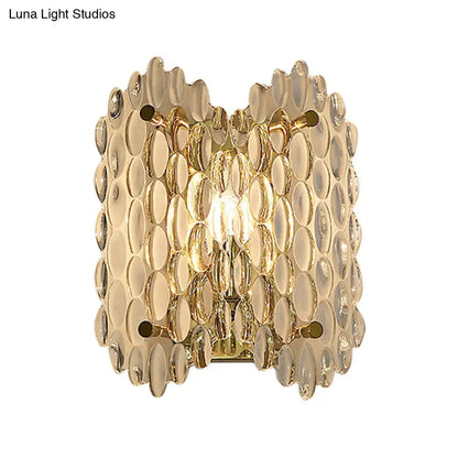 Contemporary gold wall light with clear crystal bubble textured glass design for elegant hallway illumination
