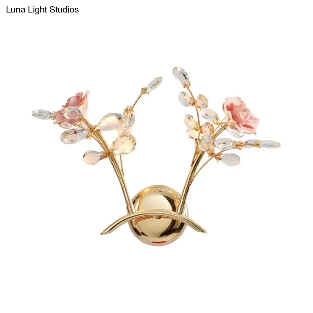 Contemporary gold and pink rose crystal wall lamp with bulb included and decorative bulb base for bedroom sconce lighting