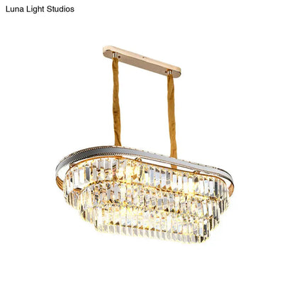 Decorbites™ contemporary 3-tier oval island pendant with clear crystal prisms and polished gold frame for living room