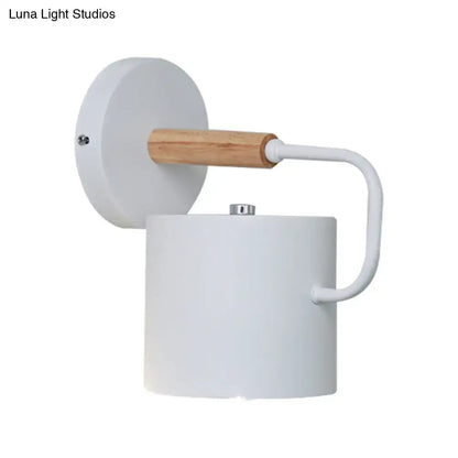 Contemporary gray metal wall light with white cylindrical sconce wooden handle and metal accents suitable for 110v-120v and 220v-240v