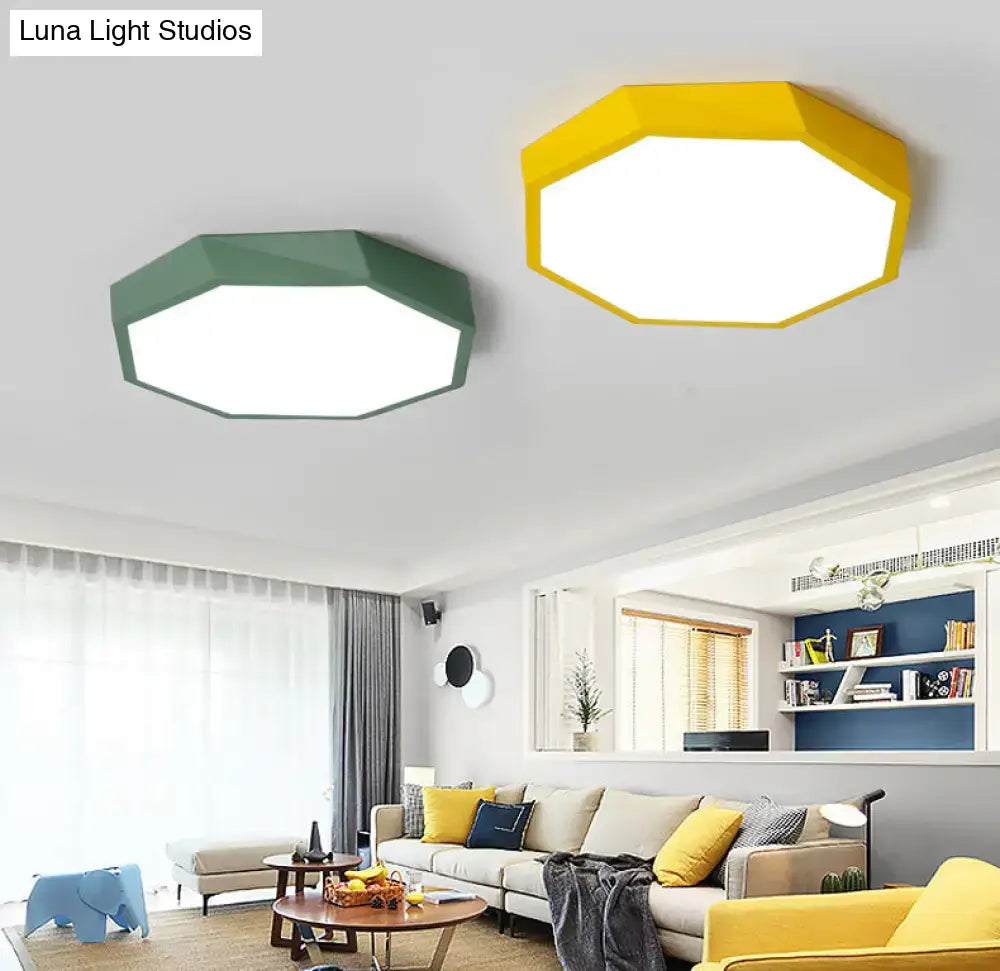 Decorbites™ contemporary acrylic flush mount ceiling light with faceted octagonal yellow or green frame and bright white panel