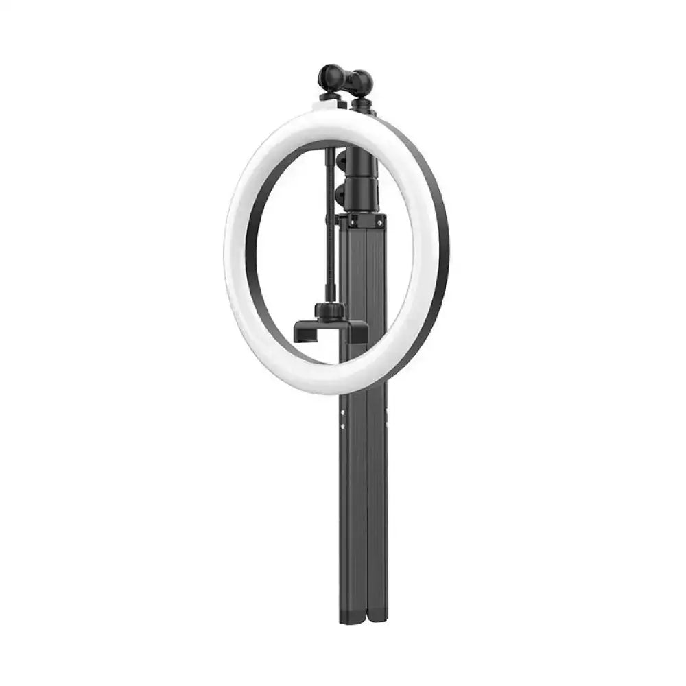 Black tripod with a white circular ring light attached to the top.