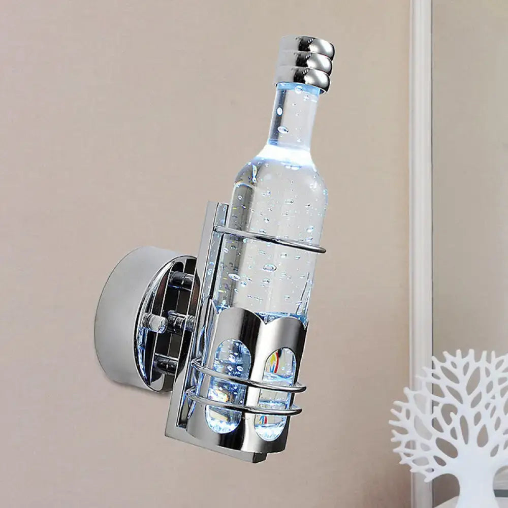 Contemporary purple crystal wall light featuring a chrome-finished bottle-shaped wall lamp with clear glass and led lighting