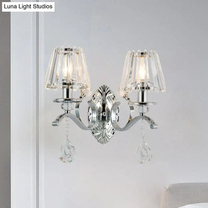 Contemporary silver chrome-finished wall lamp 2-light fixture with crystal lampshades and dangling teardrop crystals 220v-240v