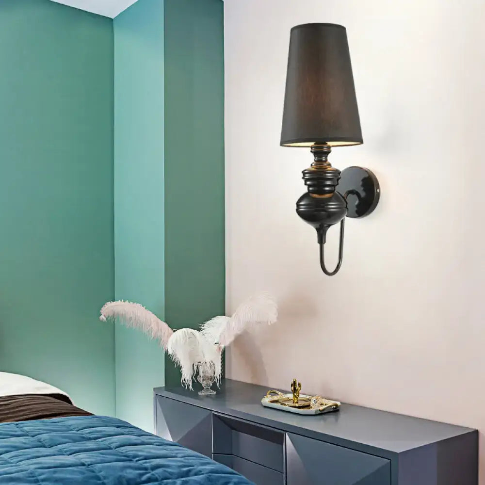 Black wrought iron wall light with matte black lampshade compatible with e26 e27 bulb base for bedroom use