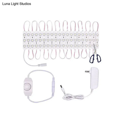 Contemporary white led vanity strip light with multiple circular bulbs plastic linear with power adapter and control switch