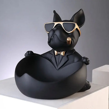 Black resin bulldog storage box figurine dressed in black suit with gold sunglasses and cigar for living room decor