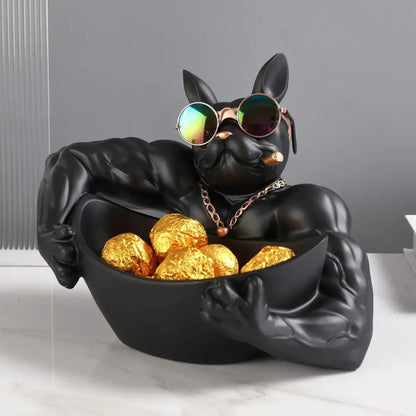 Black resin bulldog storage box figurine with muscular design wearing reflective sunglasses holding gold chocolates for decor
