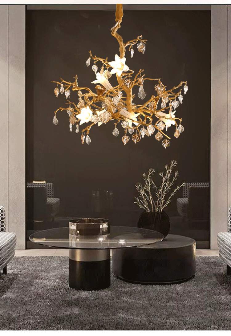Copper branch chandelier featuring gold star design with crystal accents and intricate branch details for elegant decor