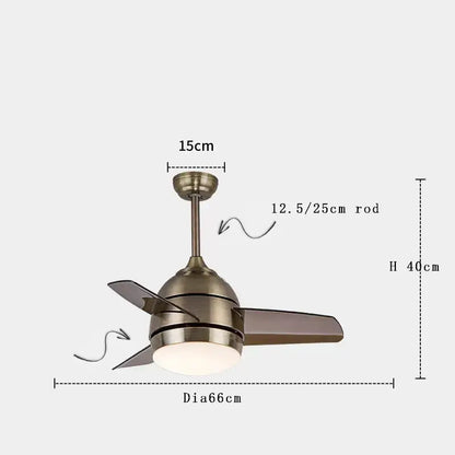 Brass-finished decorbites copper bronze ceiling fan with three dark gray blades and integrated light fixture for bedroom decor