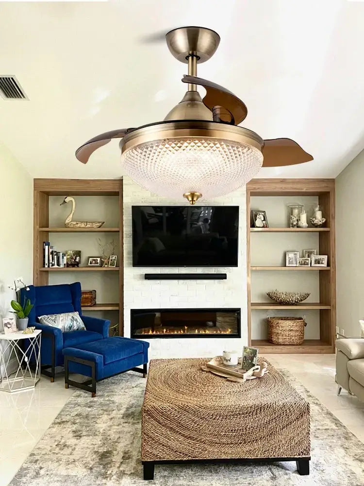 Copper bronze ceiling fan with brass and glass fixtures and wooden blades for bedroom by decorbites copper bronze