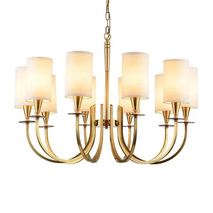Copper ceiling chandelier by decorbites with gold-toned metal arms and eight cylindrical frosted glass shades for living room decor