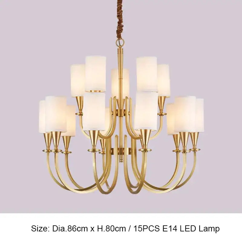 Gold-toned decorbites copper ceiling chandelier with fifteen frosted white cylindrical fabric shades for living room decor