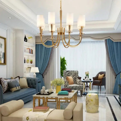 Gold-toned copper ceiling chandelier with six frosted glass shades for living room decorbites copper ceiling lighting