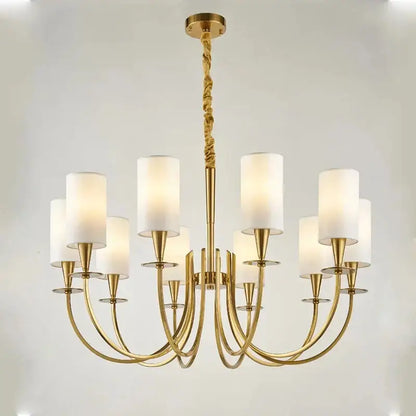 Copper ceiling chandelier by decorbites with gold tone, eight white fabric shades, and twisted rope hanging chain for living room