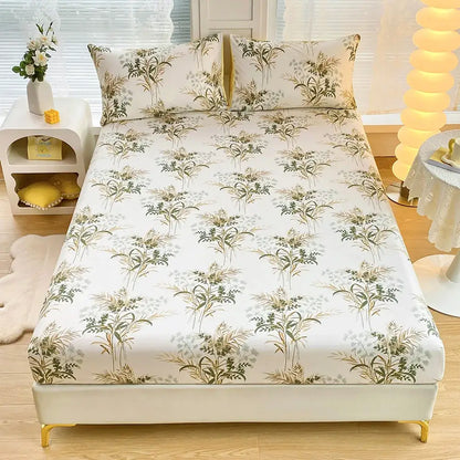 White fitted sheet set with green leaf flower botanical print in coral and white geometric floral bedroom bedding