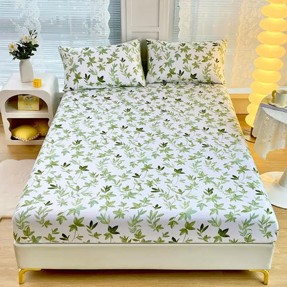 White fitted sheet set with coral geometric and green leaf flower pattern for bedroom bedding use