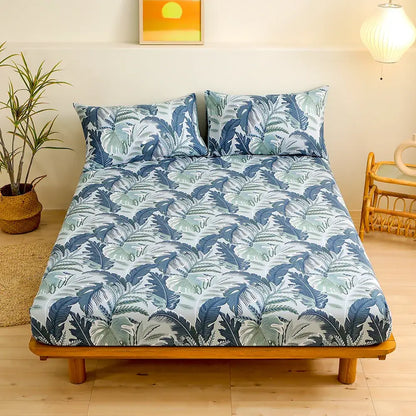 Coral and white geometric floral fitted sheet set with blue and green tropical green leaf flower pattern bedding