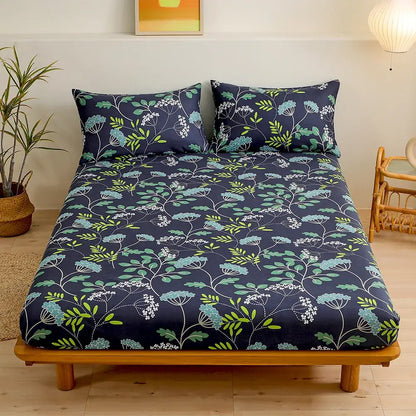 Dark blue fitted sheet set with delicate green leaf flower pattern for bedroom bedding use