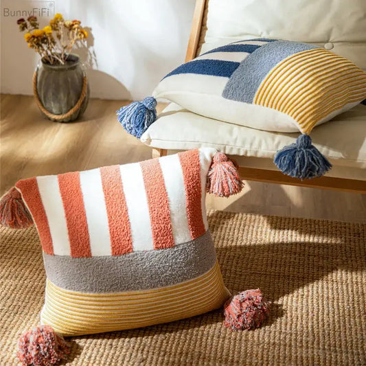 Coral and white striped textured cushion cover 45x45cm with gray yellow accents and tassels for home decor