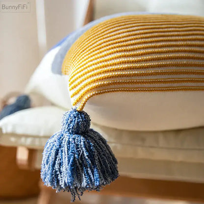 Yellow and white striped knitted cushion cover 45x45cm with blue tassel for living room home decor