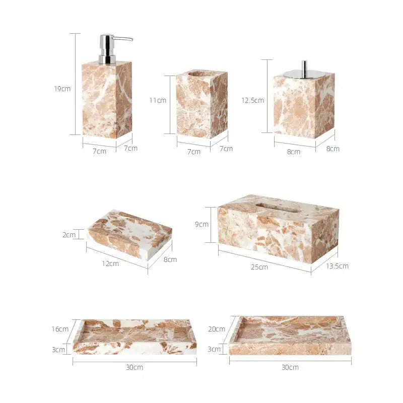 Beige and white marble bathroom accessory set with brushed metal tops for coral pink marble bathroom by decorbites coral pink