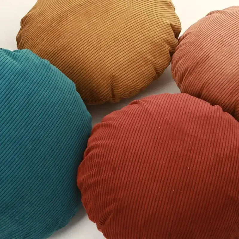 Corduroy round pillow covers in mustard yellow terracotta red and teal blue textured fabric for living room decorbites decor