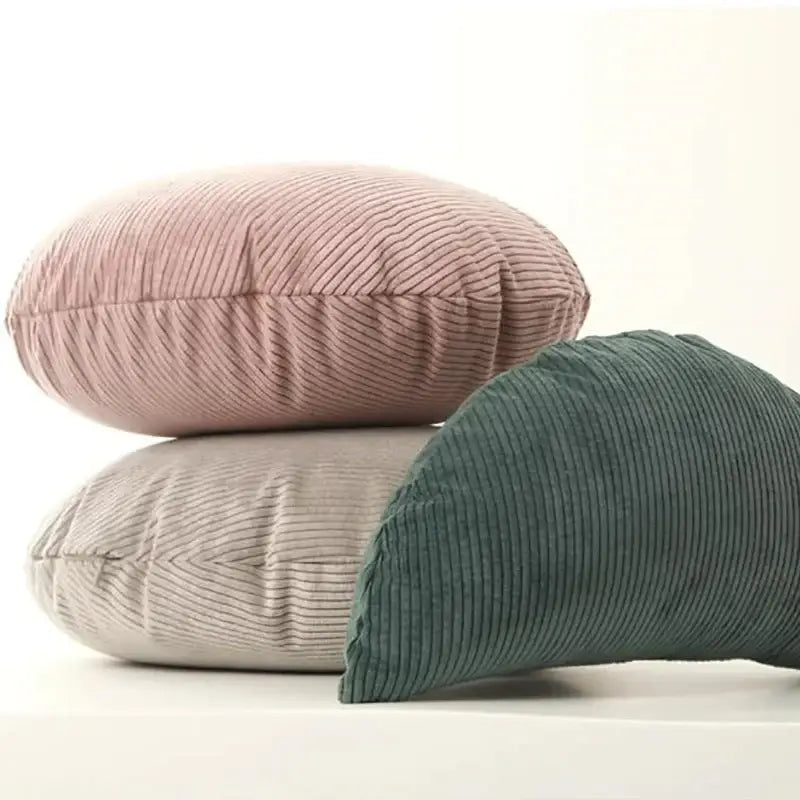 Three decorbites corduroy round pillow covers in pastel pink gray and muted teal for living room decorbites corduroy round pillow decor