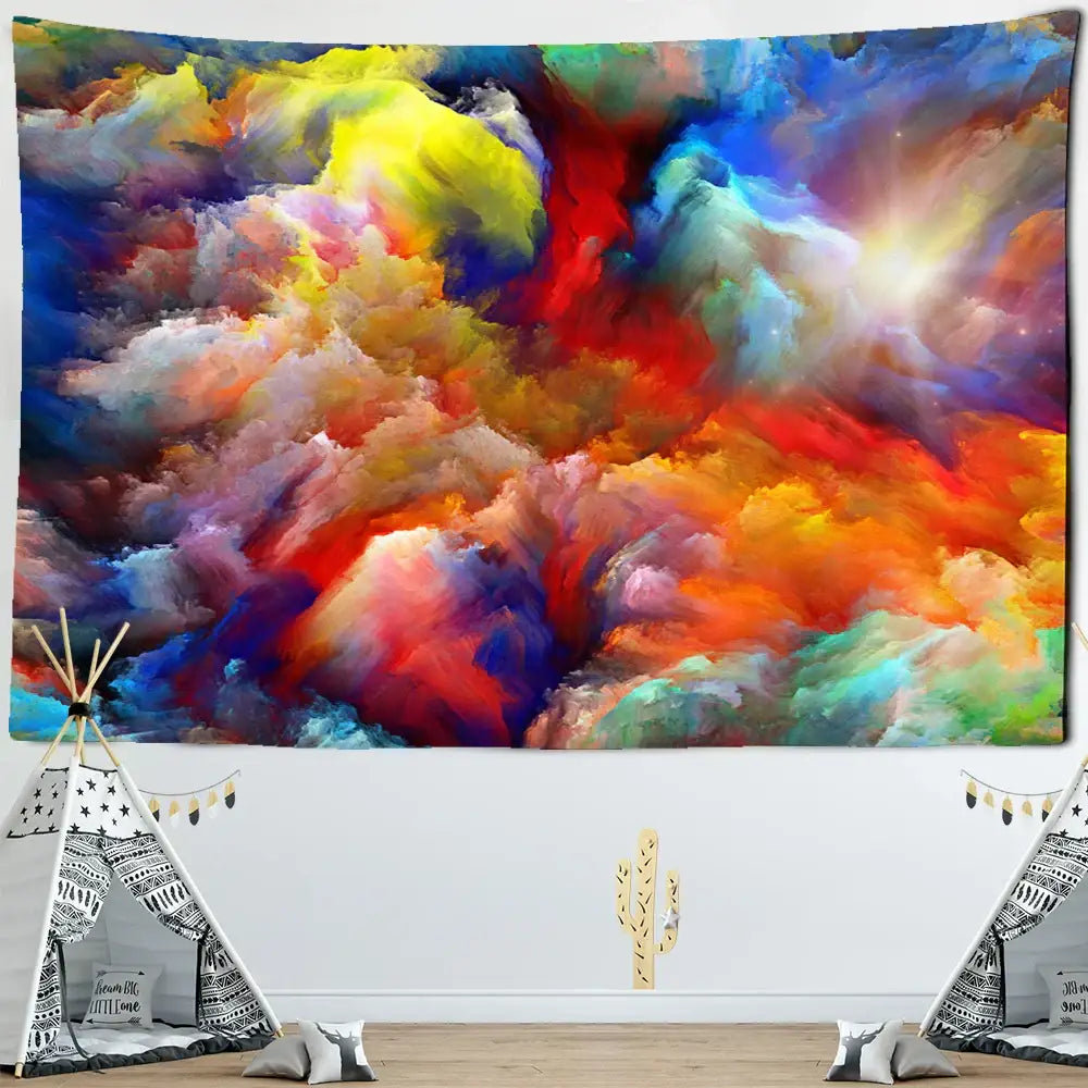 Cosmic colorful clouds tapestry featuring vibrant swirling hues of red blue yellow and orange for bedroom decorbites colorful clouds decor