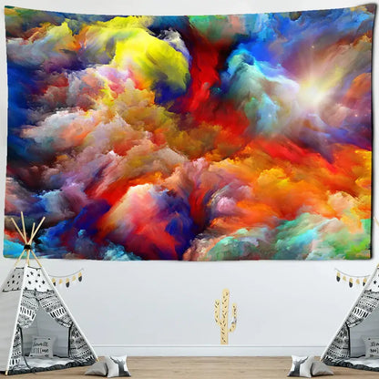 Vibrant colorful clouds tapestry featuring swirling red blue yellow and orange hues for bedroom wall decorbites decor