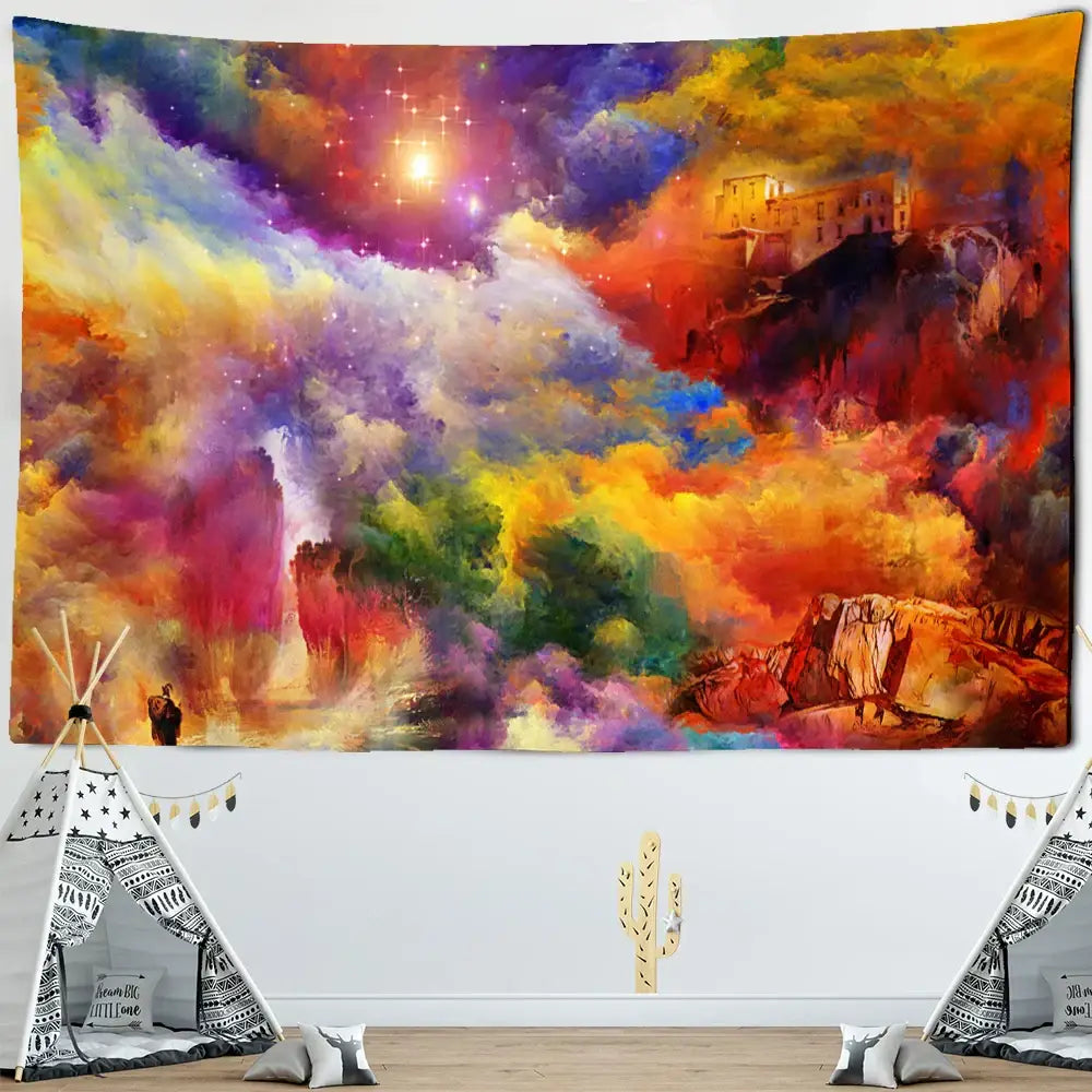 Vibrant cosmic colorful clouds tapestry featuring swirling nebulae stars and a distant castle for bedroom wall decor