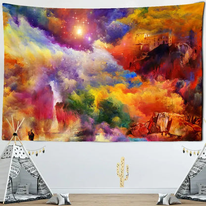 Vibrant cosmic colorful clouds tapestry featuring swirling nebulae stars and a distant castle for bedroom wall decor