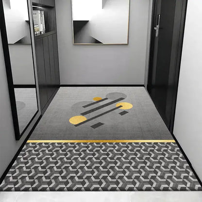 Modern gray and yellow geometric-patterned hallway rug in crystal velvet entrance style by decorbites grey crystal