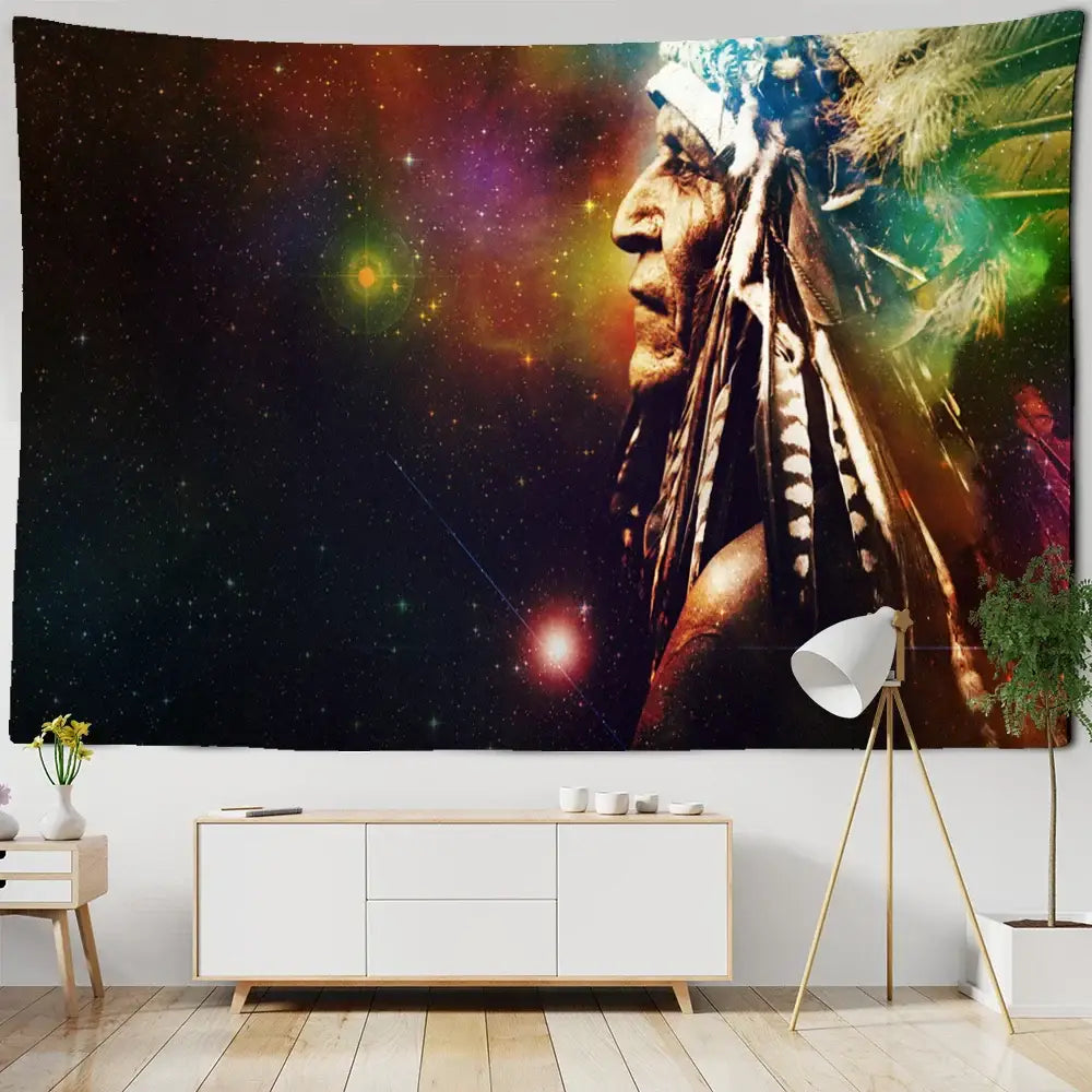 Vibrant cosmic indian head psychedelic tapestry wall hanging with native american chief in profile on nebula backdrop decorbites indian head decor