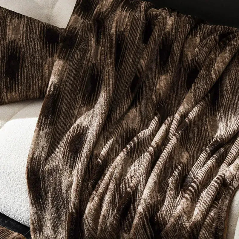 Cosybites cosy faux rabbit plush throw blanket in rich brown with subtle stripes for living room decor
