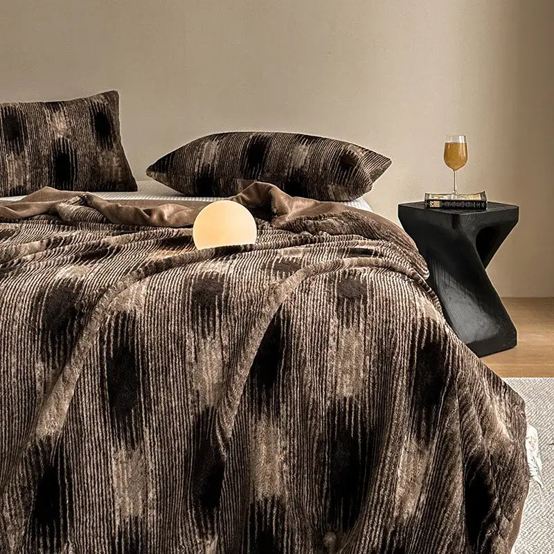 Cosybites cosy faux rabbit plush brown and black striped throw blanket with soft velvety finish for living room decor