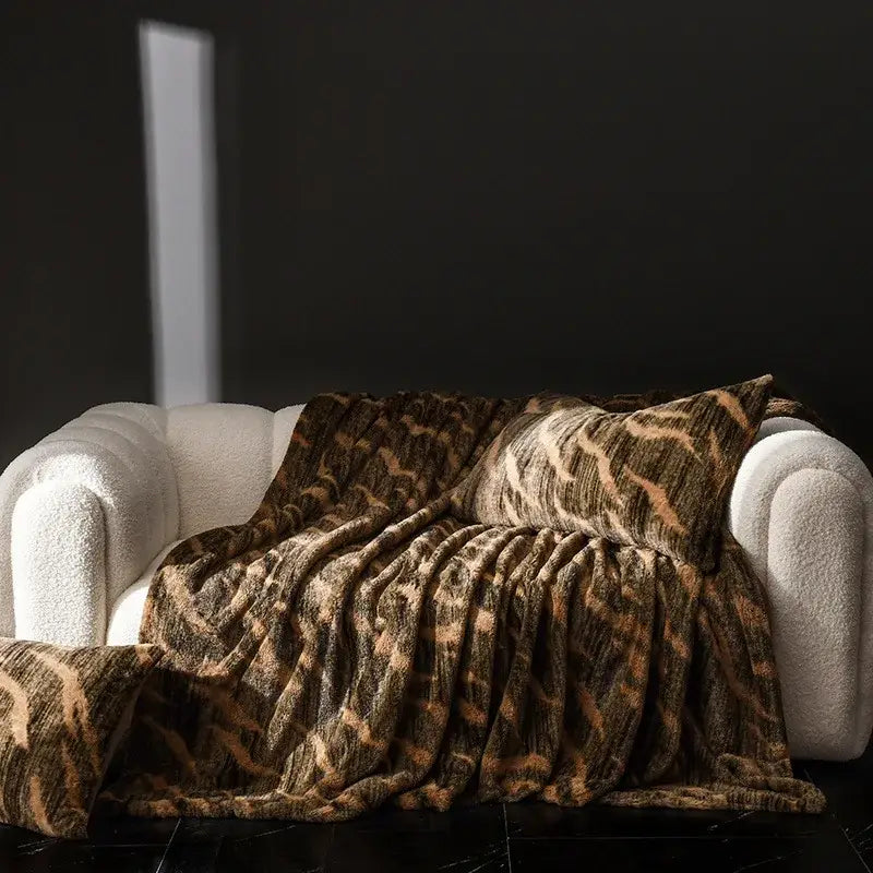 Cosybites cosy faux leopard print faux rabbit plush throw blanket in brown and tan for living room decor
