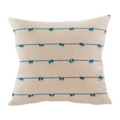 Beige cotton stripe jacquard cushion cover with teal horizontal stripes and tassels for blue and yellow living room decorbites