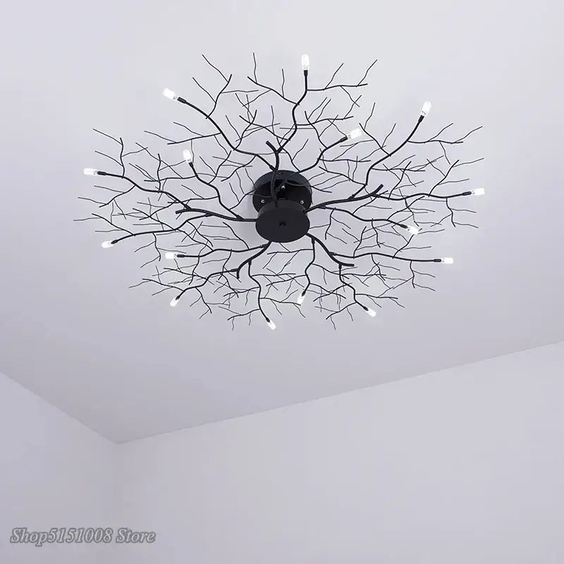 Black metal country branch iron ceiling light fixture designed as a tree branch with multiple led bulbs for living room decorbites ceiling light